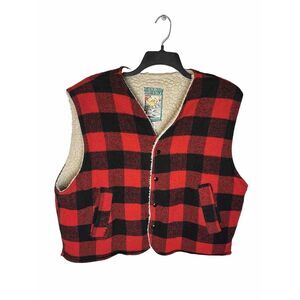 Vintage Canyon Guide Buffalo Plaid Vest Mens Xl Red Black Sherpa‎ Lined Snap